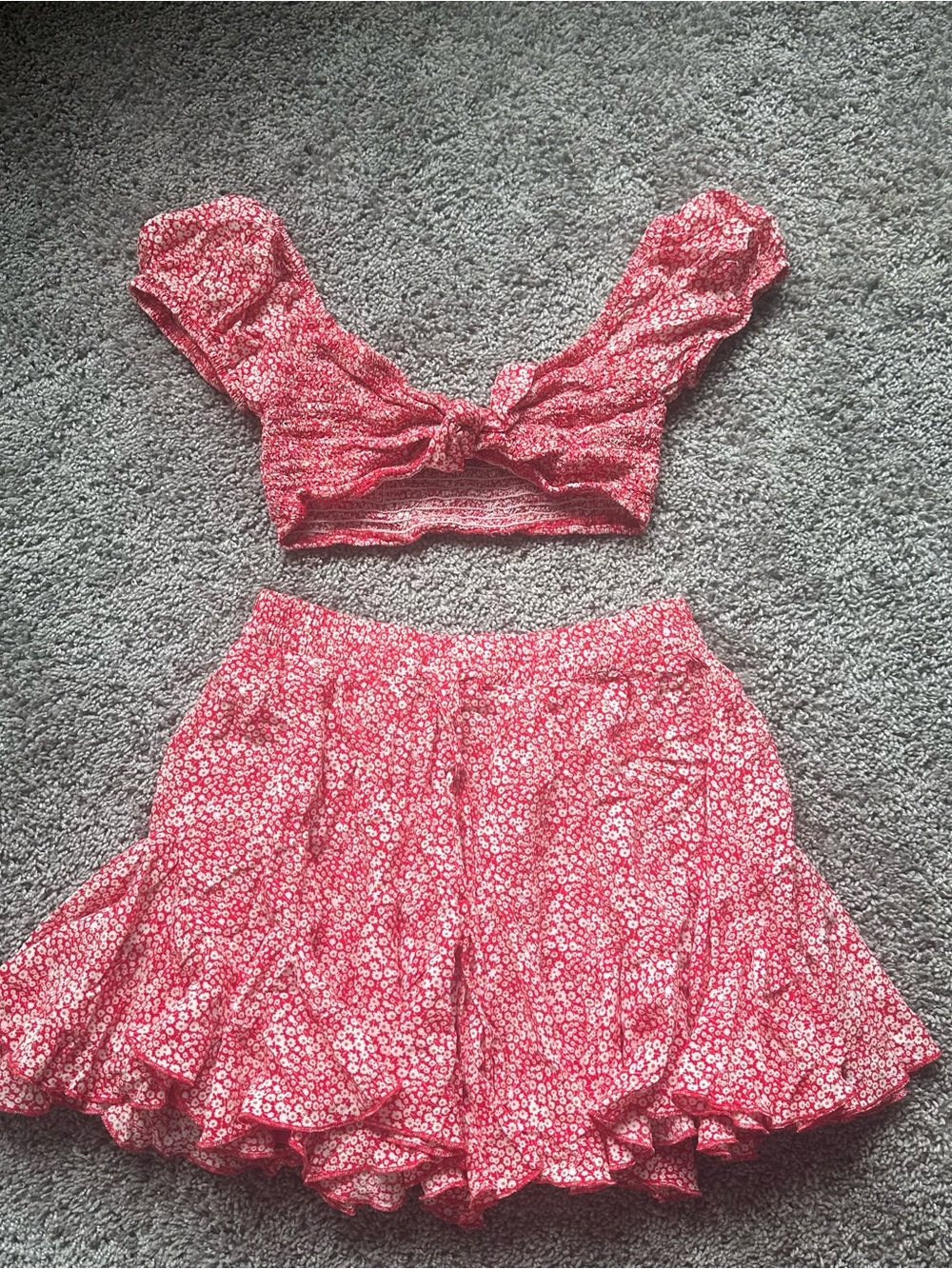 Red Floral Two-Piece Crop Top & Skirt Set
